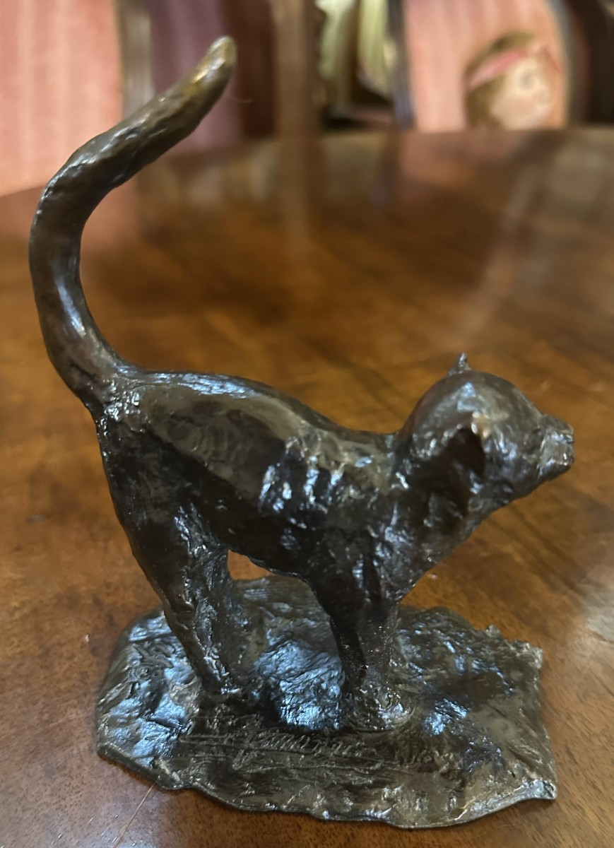 Small Bronze Cat Sculpture By Jean Lemonnier Lost Wax Valsuani Caster 6/8-photo-3