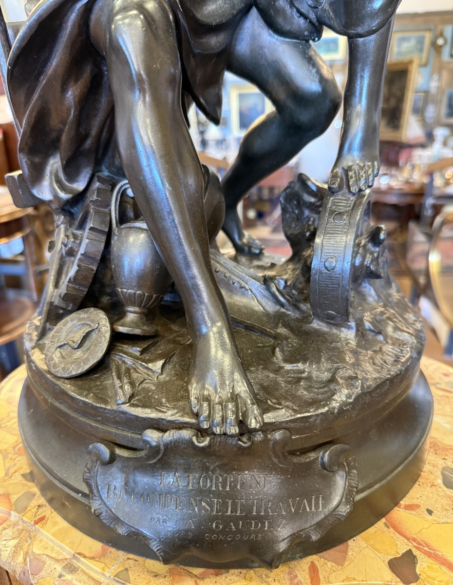 Importante Sculpture Bronze La Fortune Récompense Le Travail Par Adrien Gaudez 75 Cm XIXème-photo-4