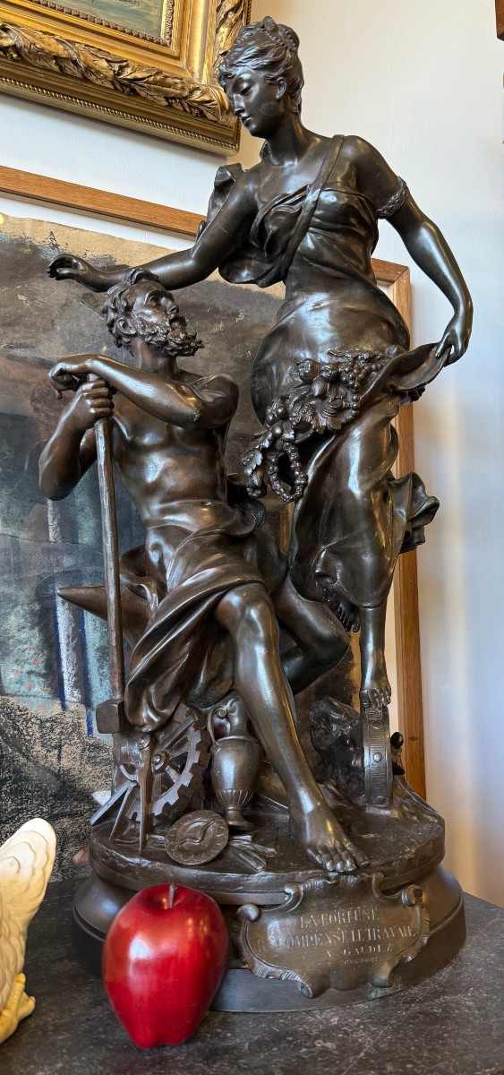 Importante Sculpture Bronze La Fortune Récompense Le Travail Par Adrien Gaudez 75 Cm XIXème