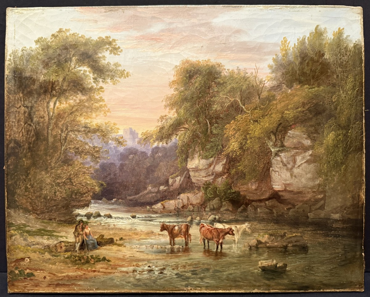 Tableau Vaches S'abreuvant à La Rivière Époque Restauration Vers 1830-photo-2