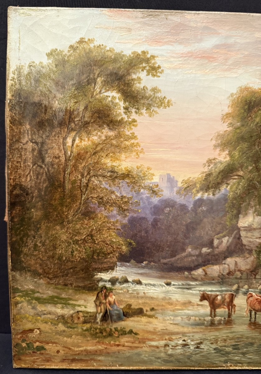 Tableau Vaches S'abreuvant à La Rivière Époque Restauration Vers 1830-photo-3