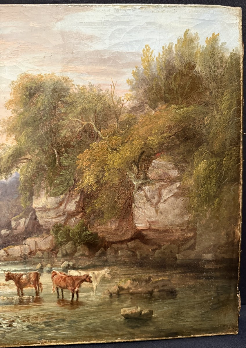 Tableau Vaches S'abreuvant à La Rivière Époque Restauration Vers 1830-photo-1