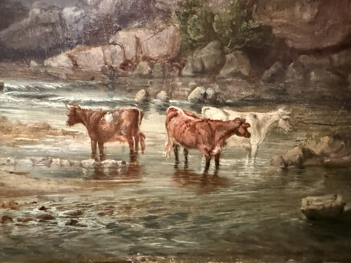Tableau Vaches S'abreuvant à La Rivière Époque Restauration Vers 1830-photo-3