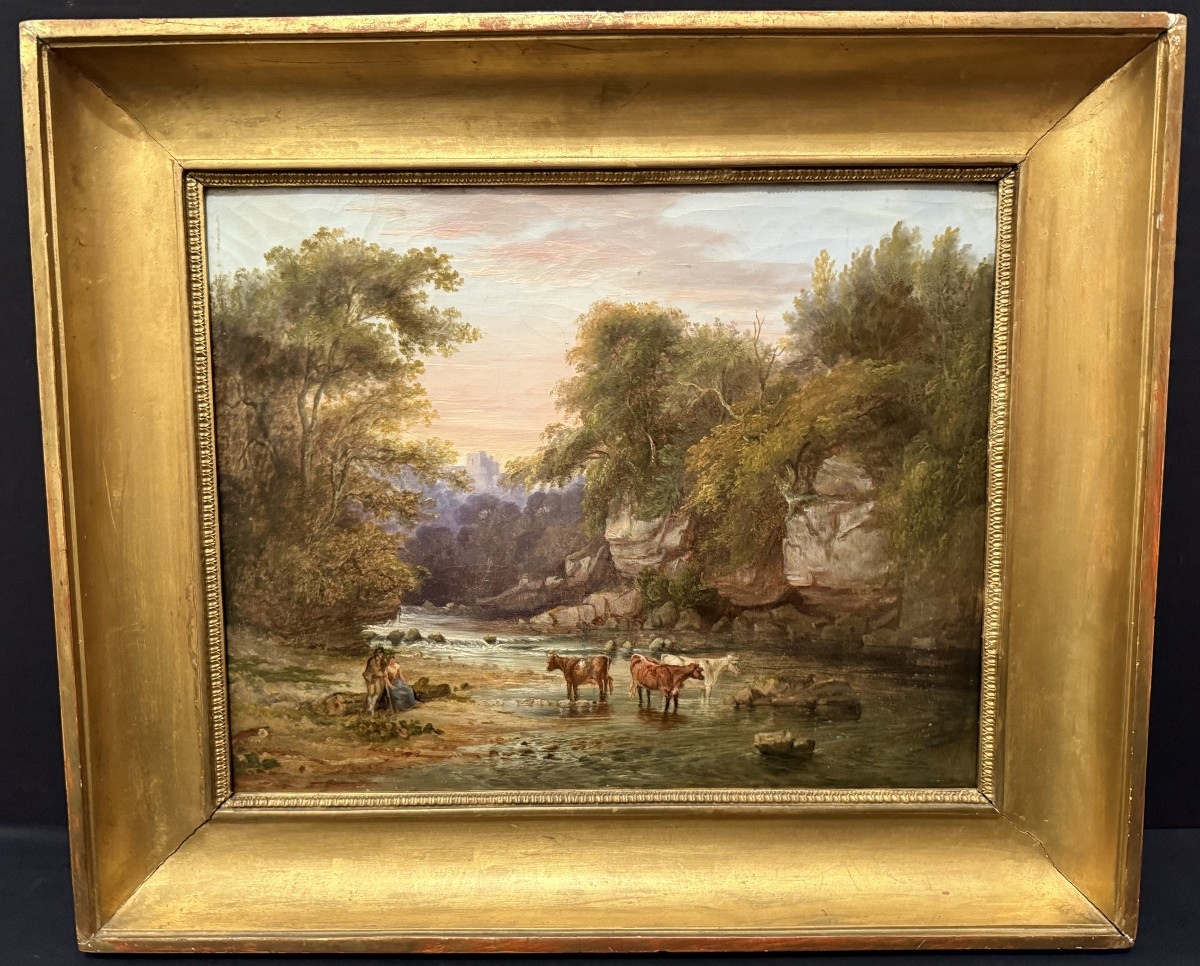 Tableau Vaches S'abreuvant à La Rivière Époque Restauration Vers 1830