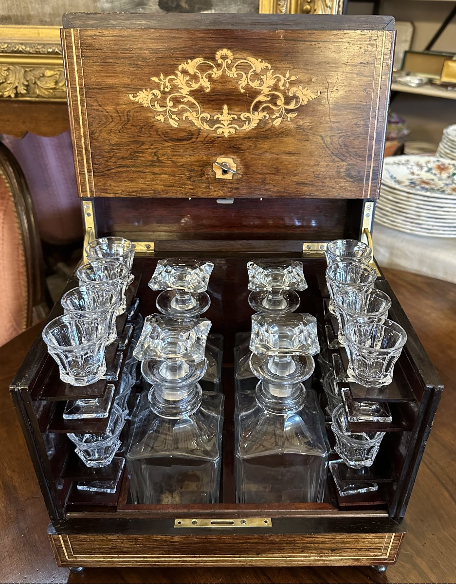 Cave à Liqueur Époque Charles X Marqueterie Palissandre Et Citronnier Intérieur Cristal -photo-2