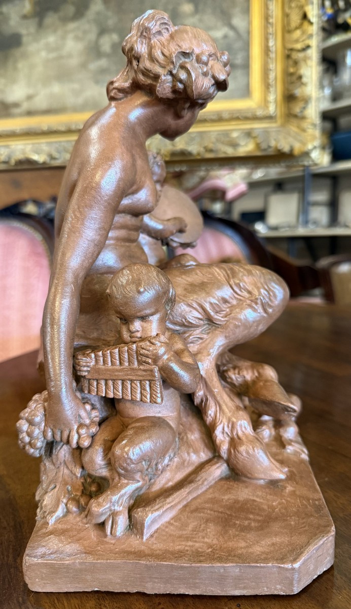 Sculpture Terre Cuite Femme Faune Et Ses Enfants Musiciens d'Après Clodion XIXème-photo-2