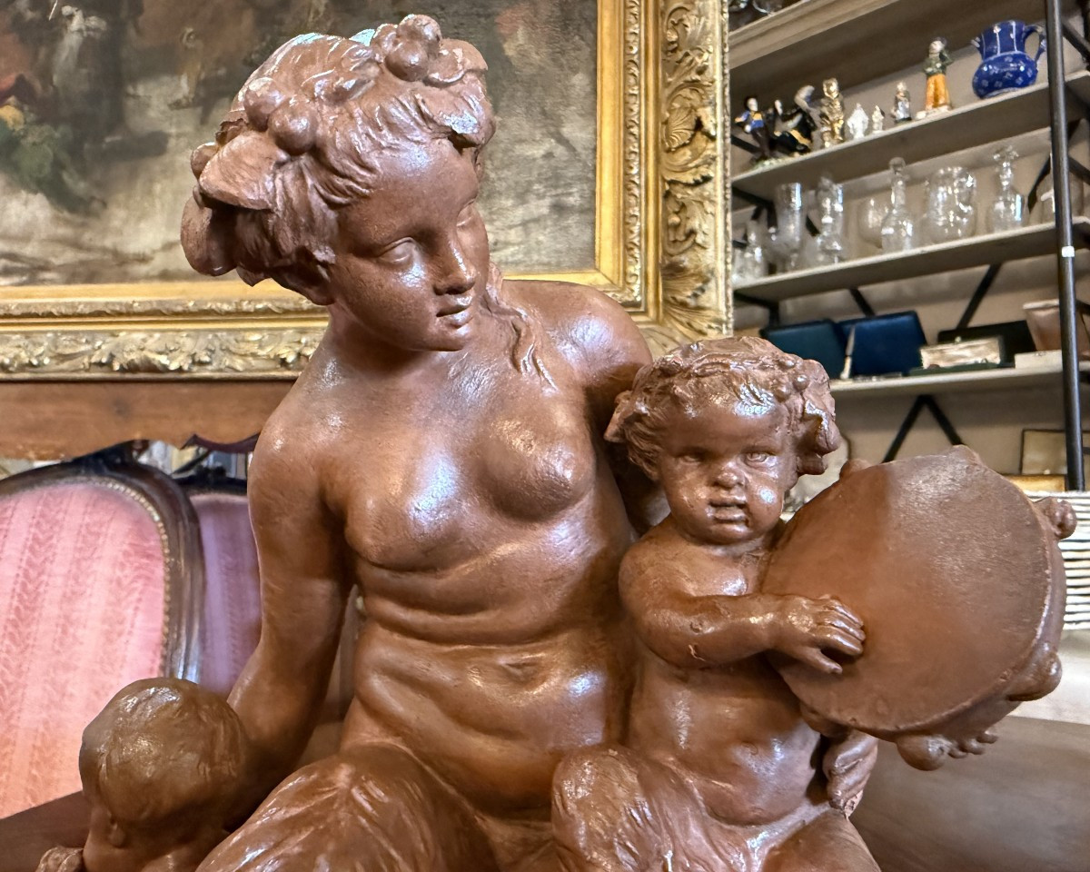 Sculpture Terre Cuite Femme Faune Et Ses Enfants Musiciens d'Après Clodion XIXème-photo-3