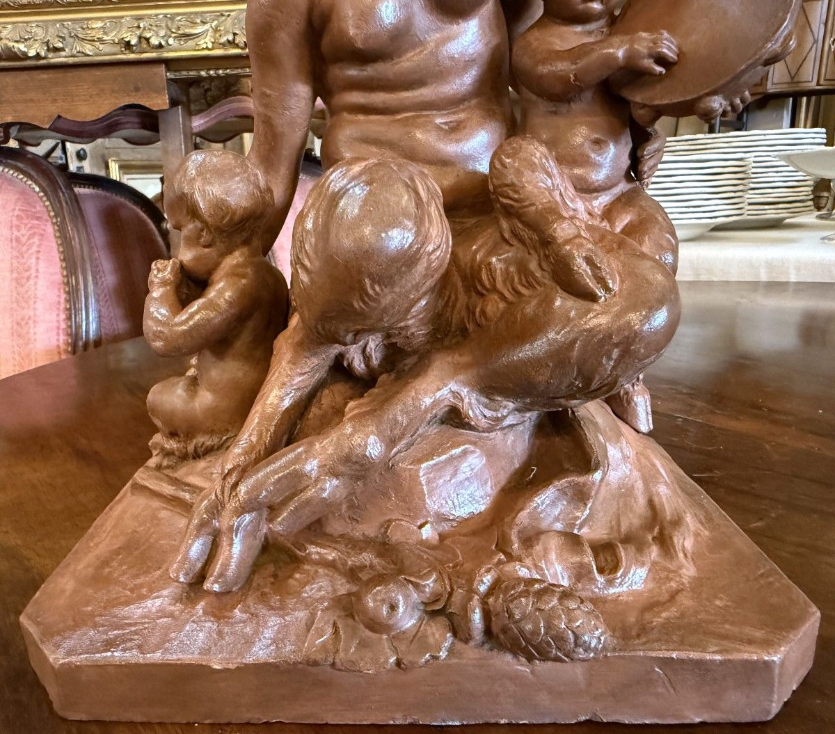 Sculpture Terre Cuite Femme Faune Et Ses Enfants Musiciens d'Après Clodion XIXème-photo-4