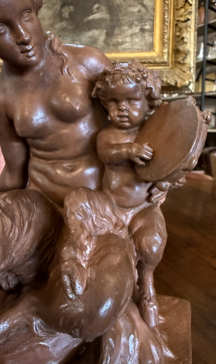 Sculpture Terre Cuite Femme Faune Et Ses Enfants Musiciens d'Après Clodion XIXème-photo-5