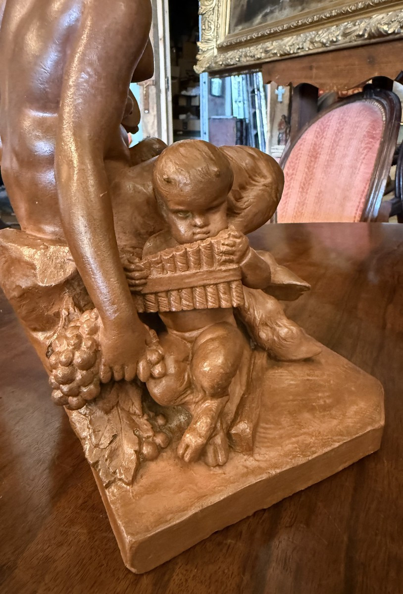 Sculpture Terre Cuite Femme Faune Et Ses Enfants Musiciens d'Après Clodion XIXème-photo-6