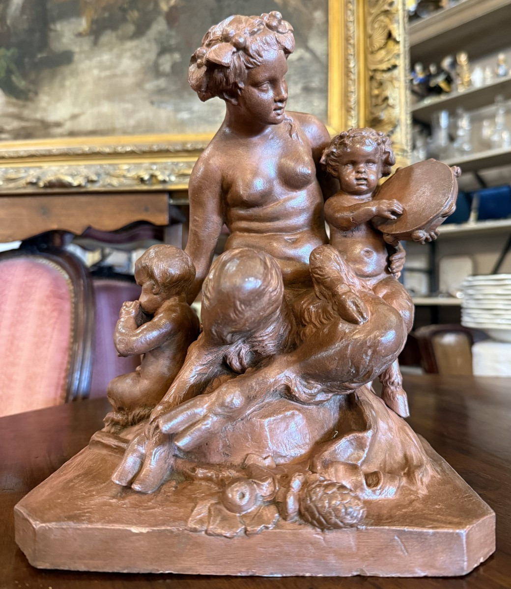 Sculpture Terre Cuite Femme Faune Et Ses Enfants Musiciens d'Après Clodion XIXème