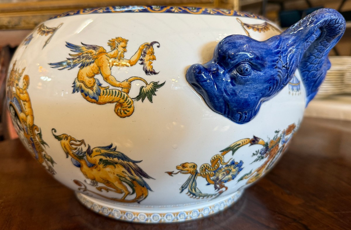 Important cache-pot faïence fine de Gien décor renaissance italienne marque 1875 fin XIXème -photo-3