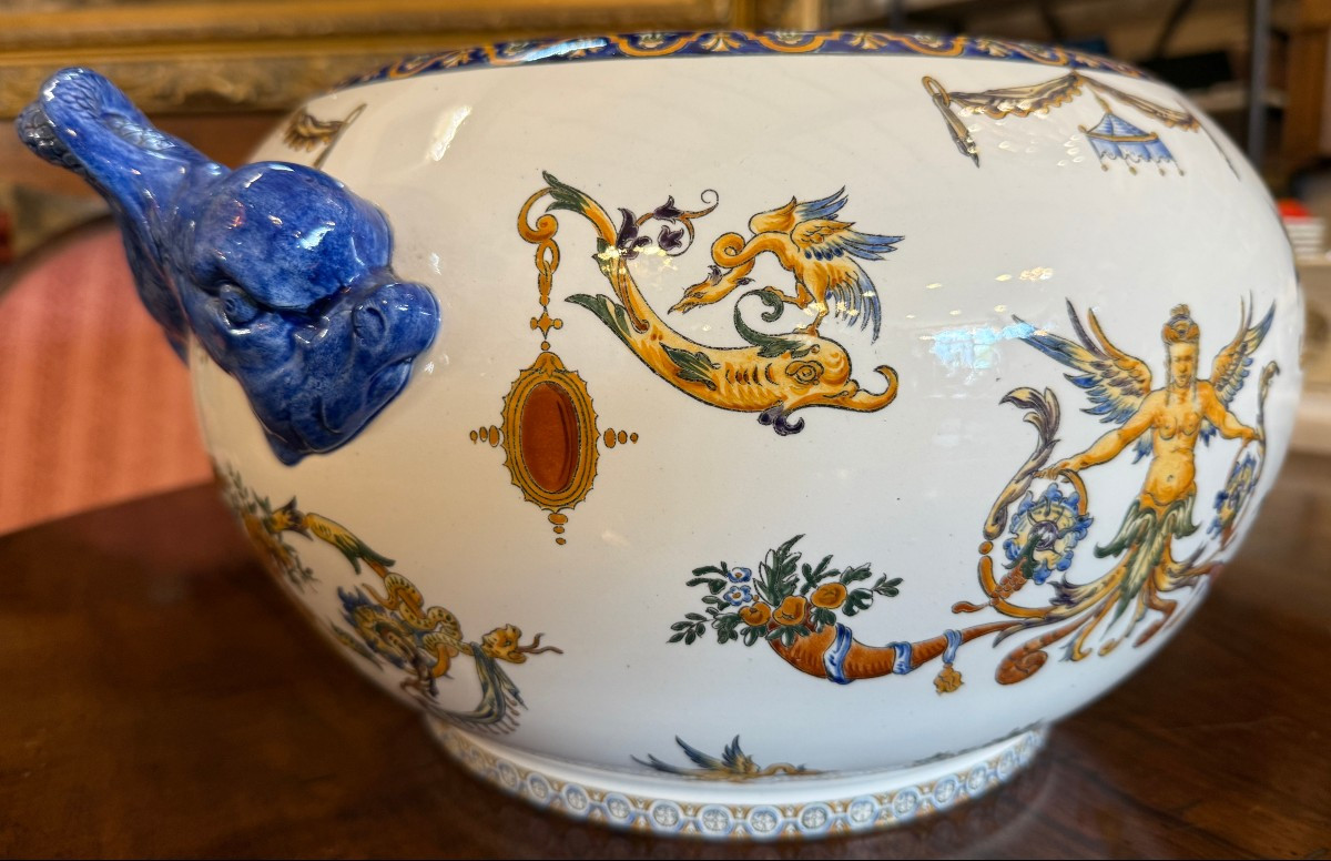 Important cache-pot faïence fine de Gien décor renaissance italienne marque 1875 fin XIXème -photo-1
