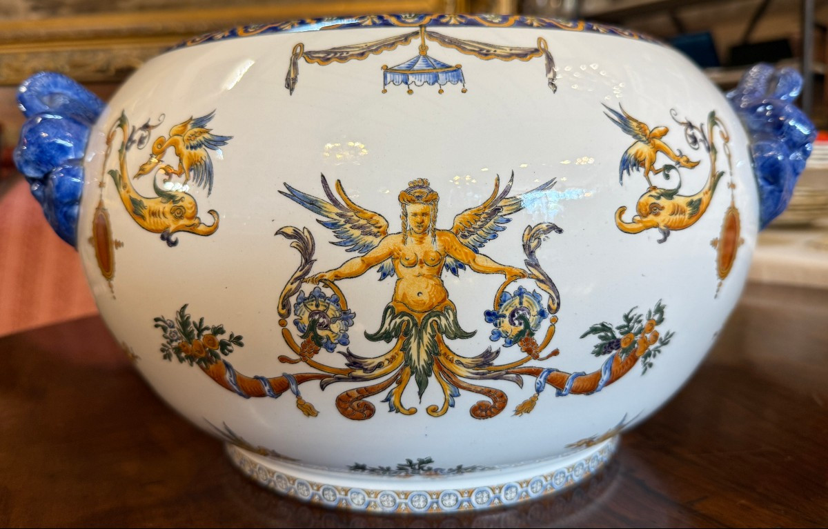 Important cache-pot faïence fine de Gien décor renaissance italienne marque 1875 fin XIXème -photo-2