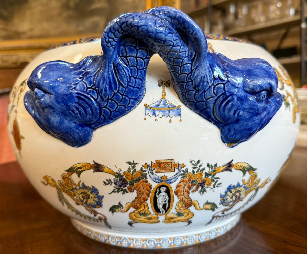 Important cache-pot faïence fine de Gien décor renaissance italienne marque 1875 fin XIXème -photo-4