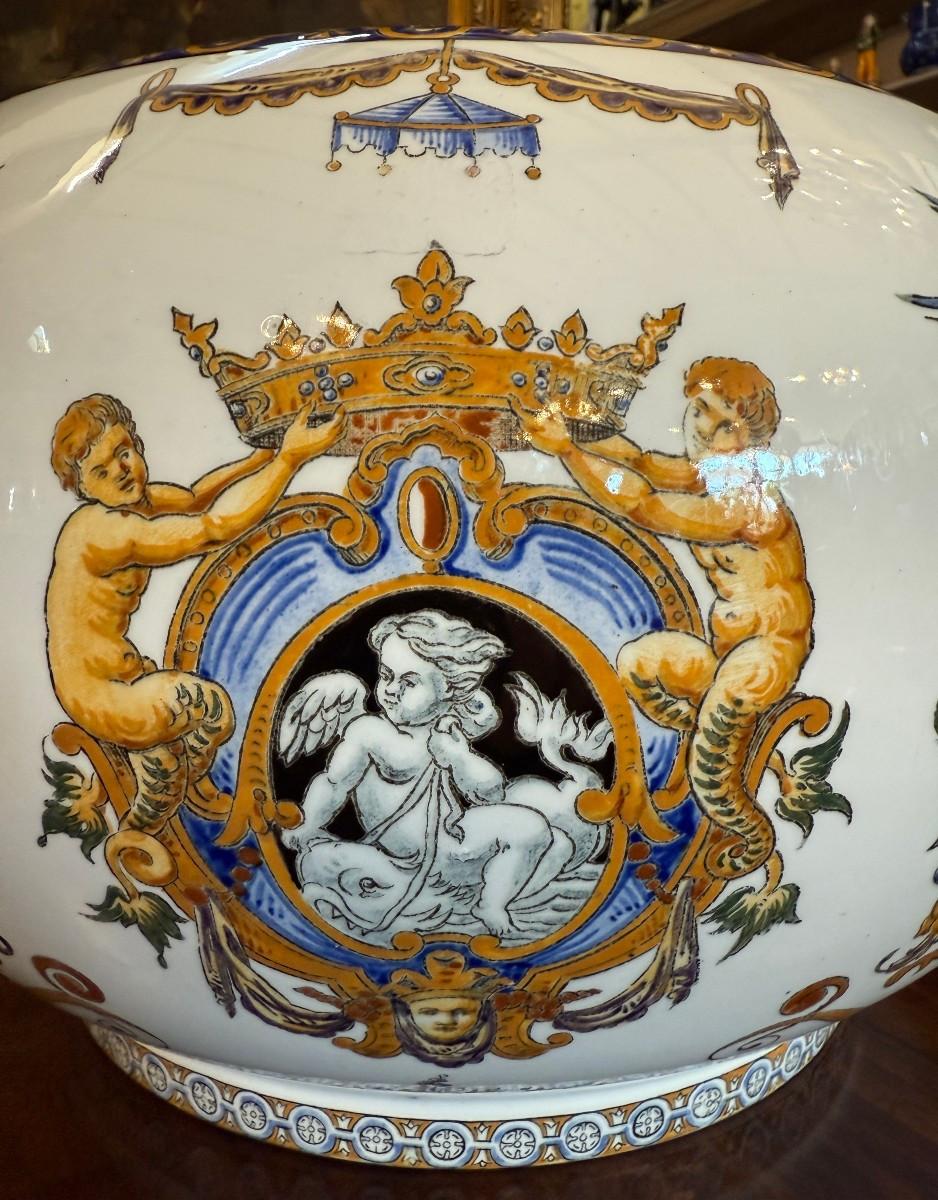 Important cache-pot faïence fine de Gien décor renaissance italienne marque 1875 fin XIXème -photo-6