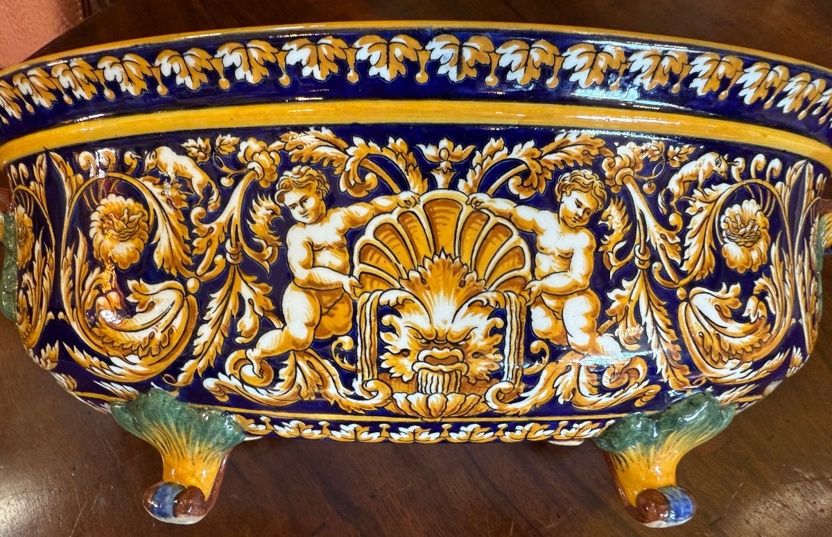 Importante jardinière  faïence fine de Gien décor renaissance italienne marque 1875 fin XIXème-photo-3