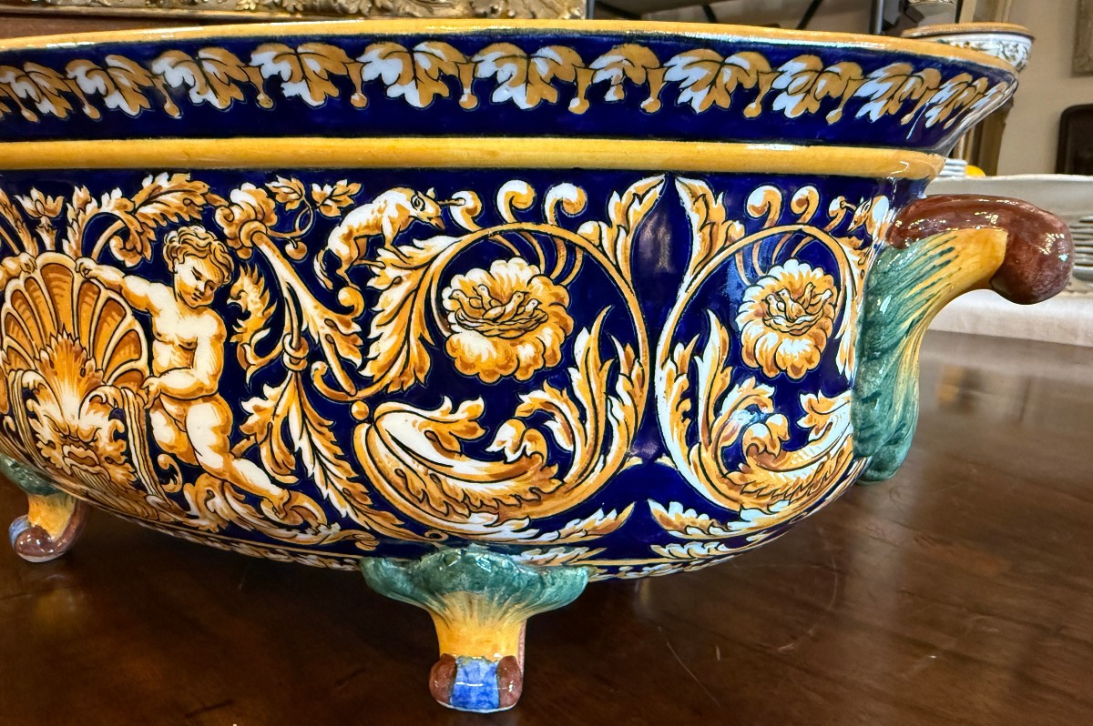 Importante jardinière  faïence fine de Gien décor renaissance italienne marque 1875 fin XIXème-photo-3