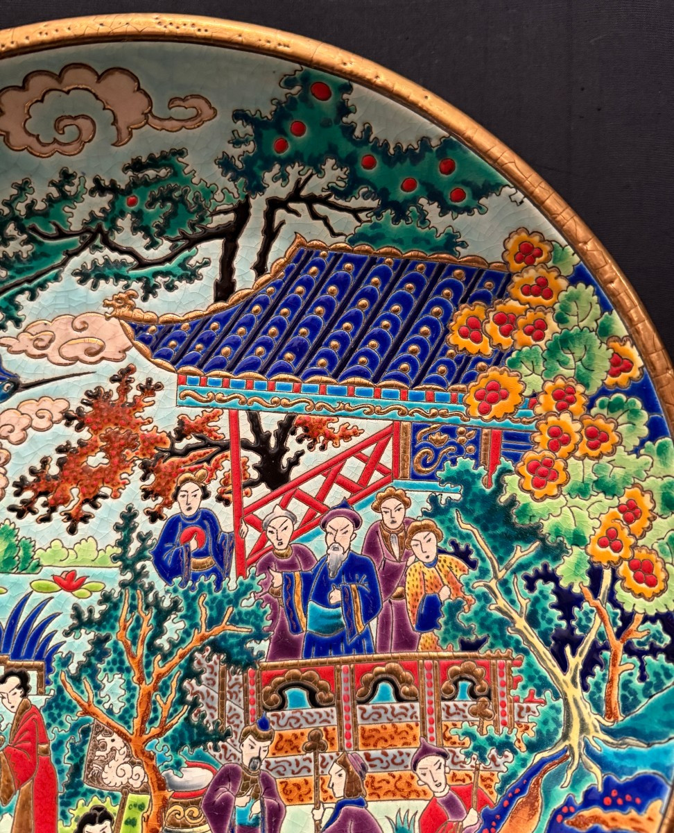 Large Hollow Dish With Chinese Blue Bird Decoration In Longwy Enamel By Mp Chevallier -photo-3