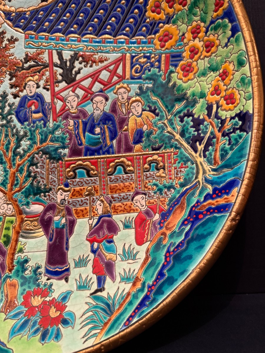 Large Hollow Dish With Chinese Blue Bird Decoration In Longwy Enamel By Mp Chevallier -photo-4