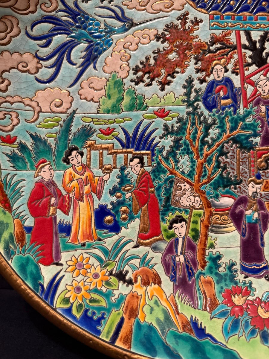 Large Hollow Dish With Chinese Blue Bird Decoration In Longwy Enamel By Mp Chevallier -photo-2