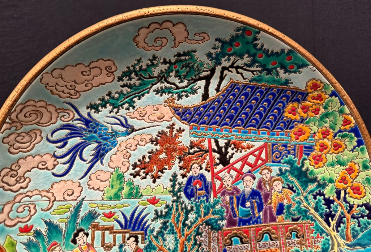 Large Hollow Dish With Chinese Blue Bird Decoration In Longwy Enamel By Mp Chevallier -photo-3