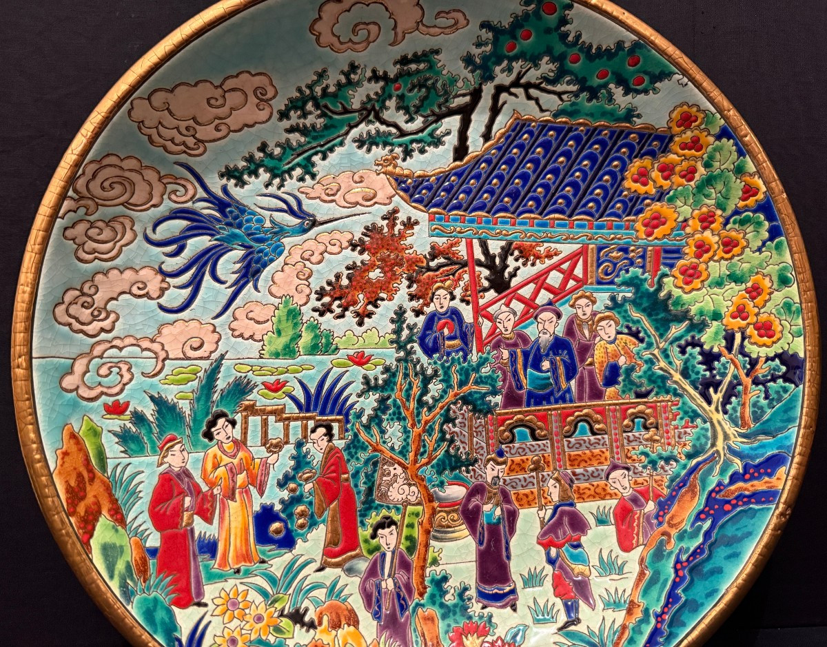 Large Hollow Dish With Chinese Blue Bird Decoration In Longwy Enamel By Mp Chevallier -photo-4