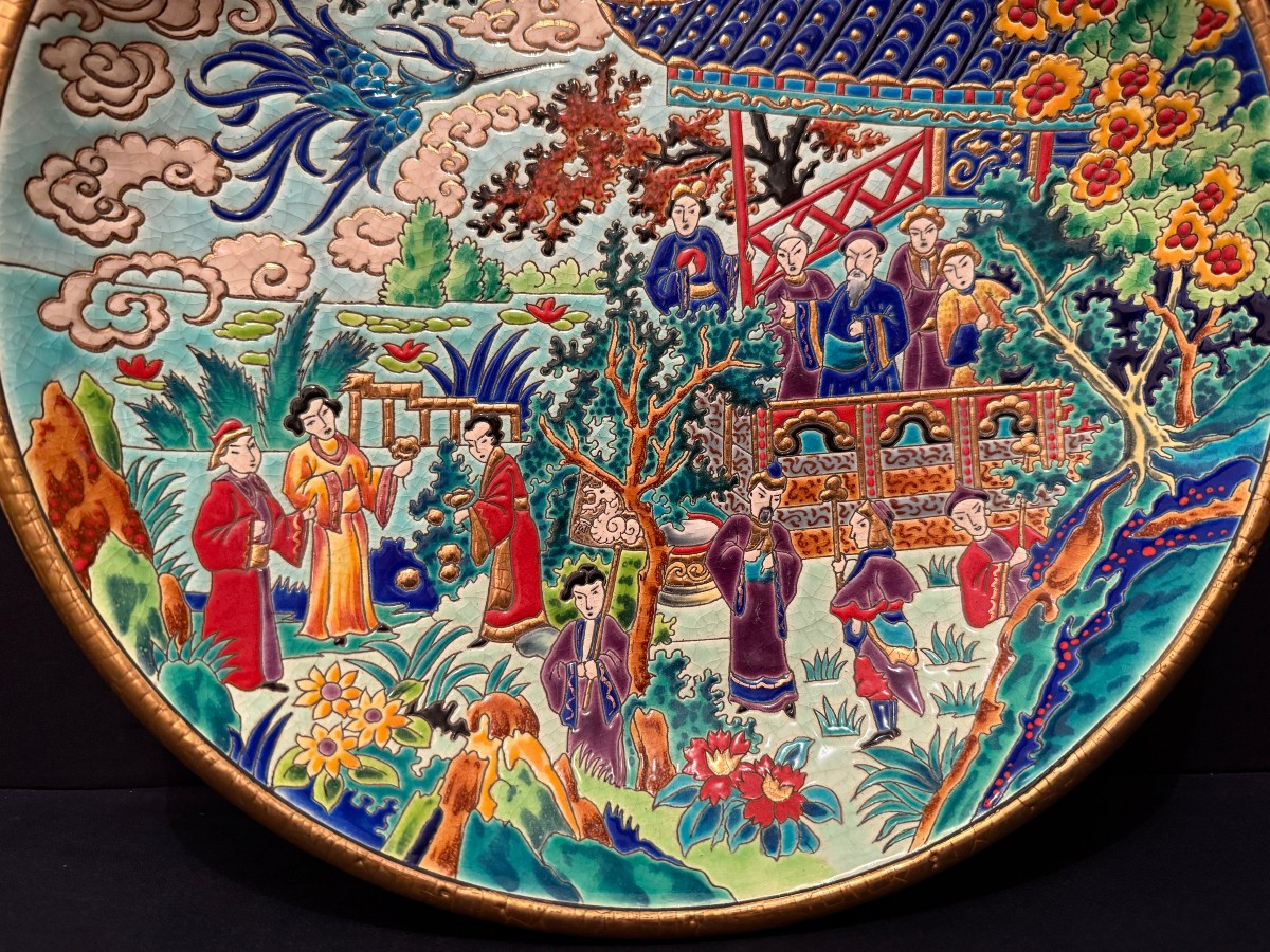 Large Hollow Dish With Chinese Blue Bird Decoration In Longwy Enamel By Mp Chevallier -photo-5