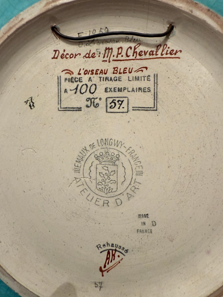 Large Hollow Dish With Chinese Blue Bird Decoration In Longwy Enamel By Mp Chevallier -photo-8