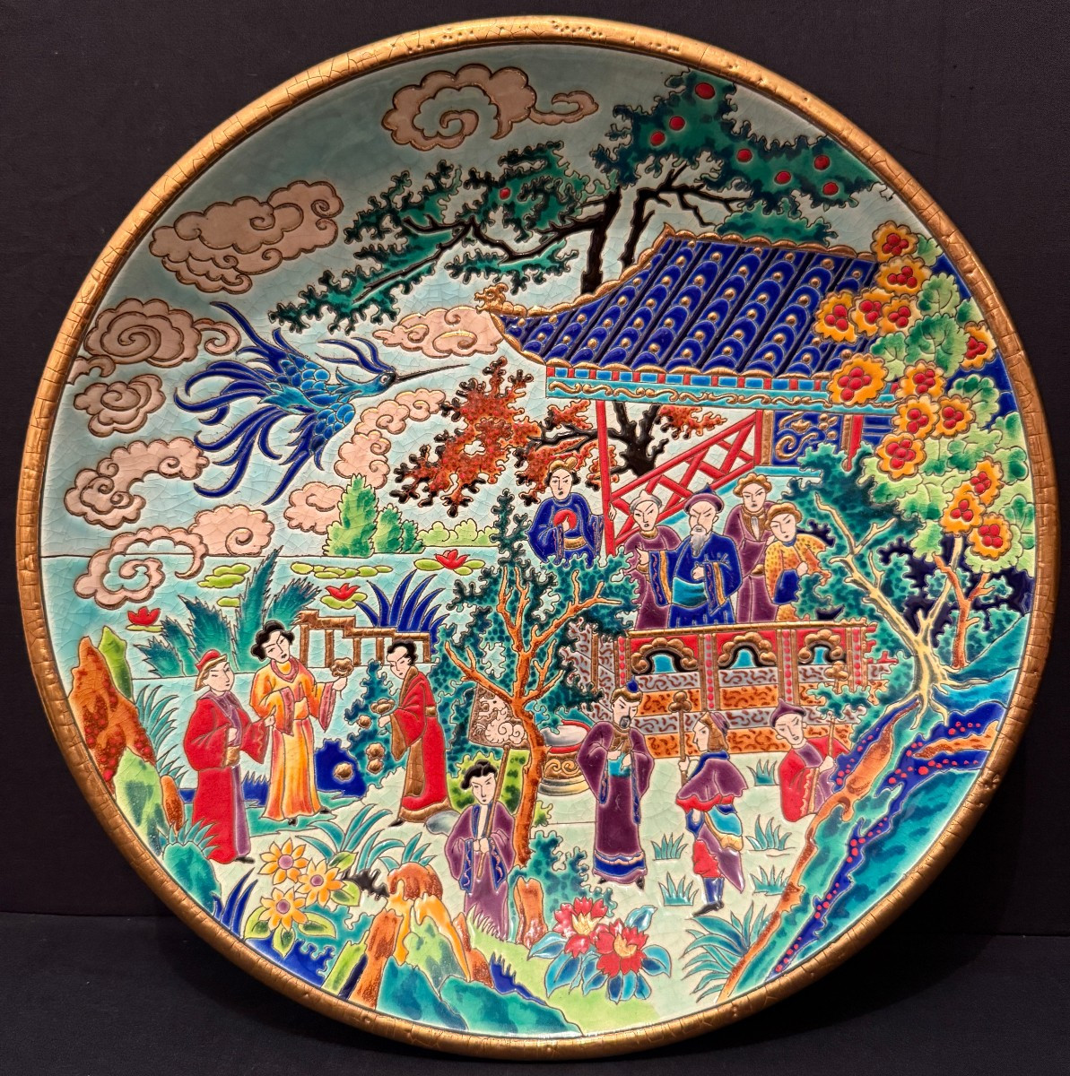 Large Hollow Dish With Chinese Blue Bird Decoration In Longwy Enamel By Mp Chevallier 