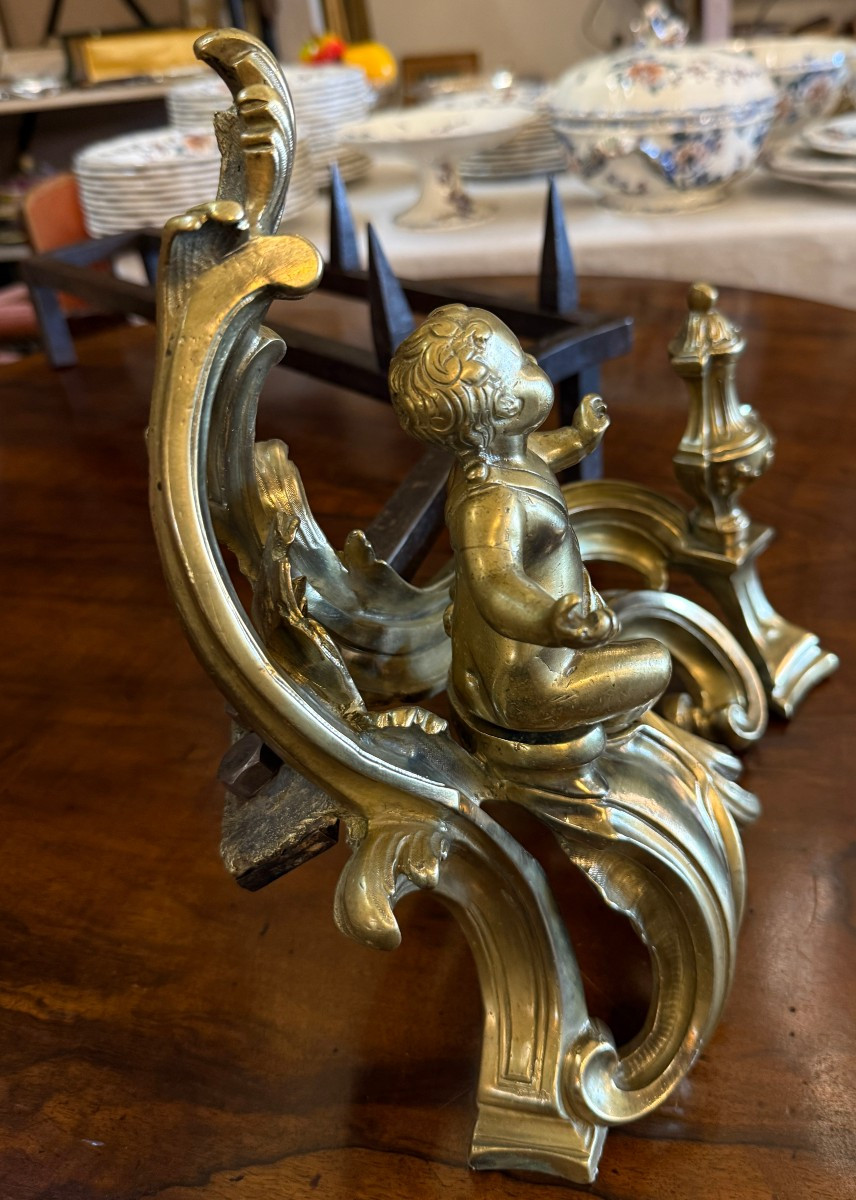 Importante paire de chenets en bronze  style Louis XV aux chérubins époque Napoléon III -photo-4