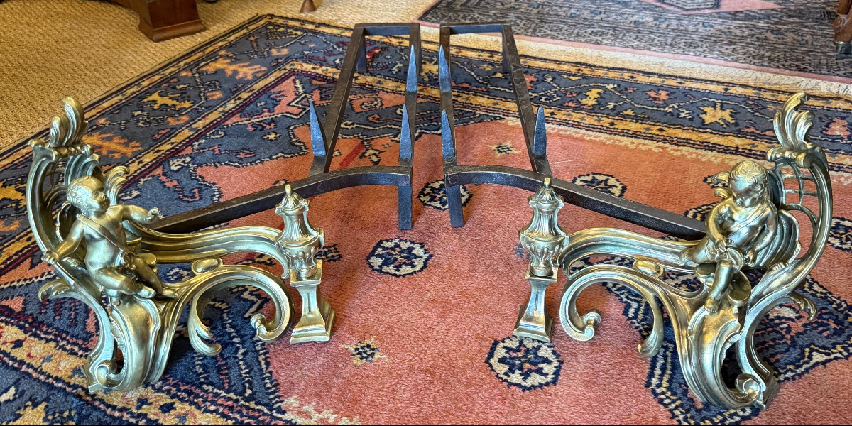 Importante paire de chenets en bronze  style Louis XV aux chérubins époque Napoléon III 