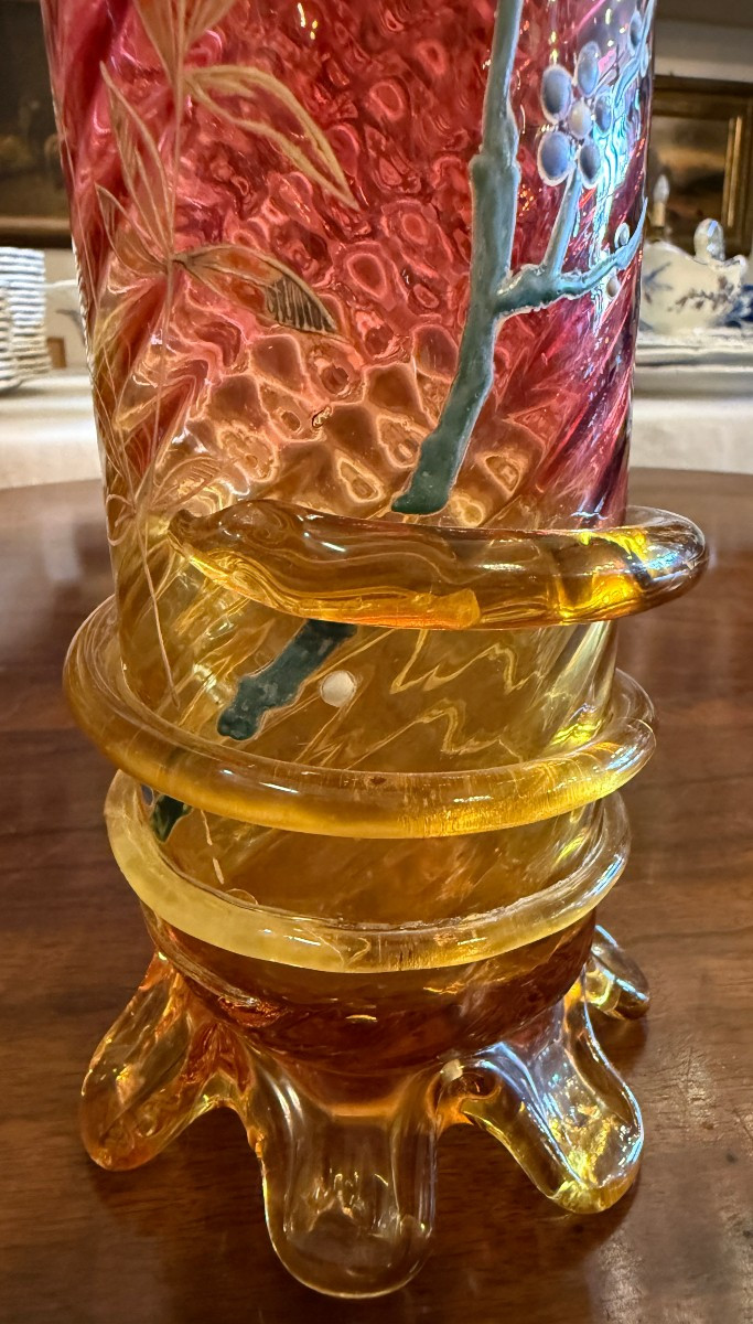 Paire de vases rouleau  en cristal à décor émaillé japonisant et serpents époque Napolèon III -photo-3