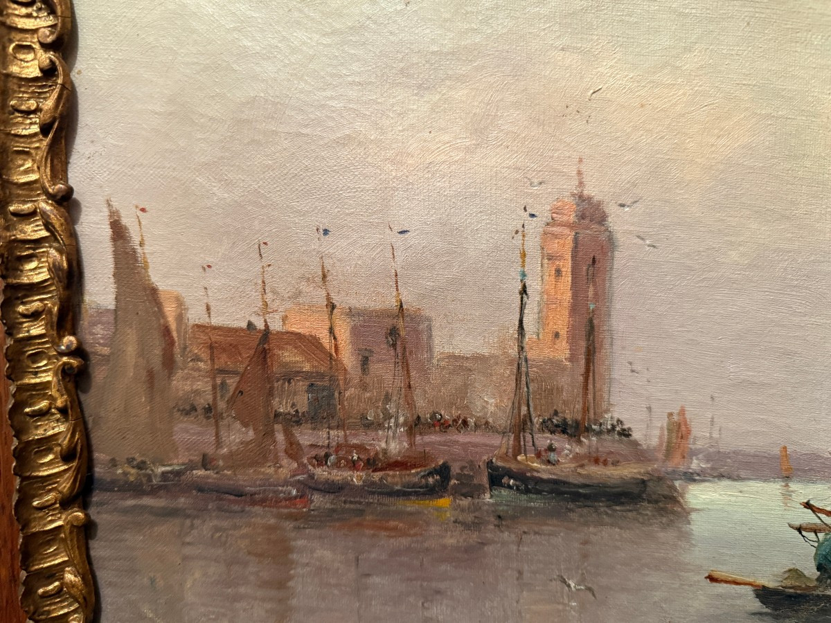 Paire de tableaux marines bateaux de pêche quittant le port par E Tenner  XIXème-photo-4