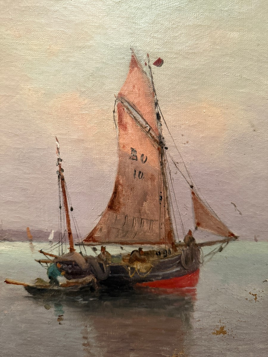 Paire de tableaux marines bateaux de pêche quittant le port par E Tenner  XIXème-photo-1