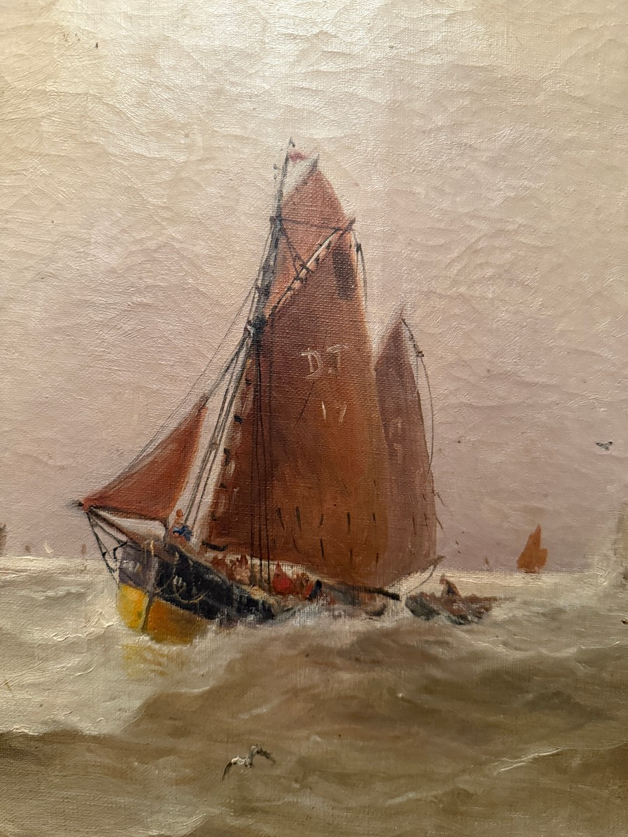 Paire de tableaux marines bateaux de pêche quittant le port par E Tenner  XIXème-photo-4