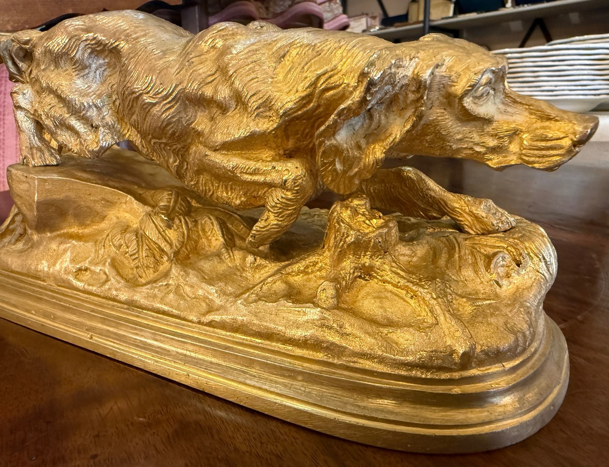 Gilded Bronze Sculpture Of A Pointing Spaniel Hunting Dog After Jules Moignez-photo-2