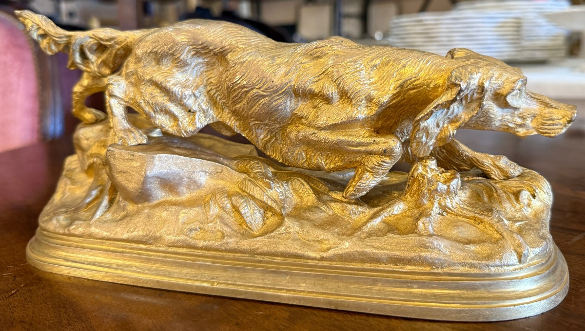 Gilded Bronze Sculpture Of A Pointing Spaniel Hunting Dog After Jules Moignez