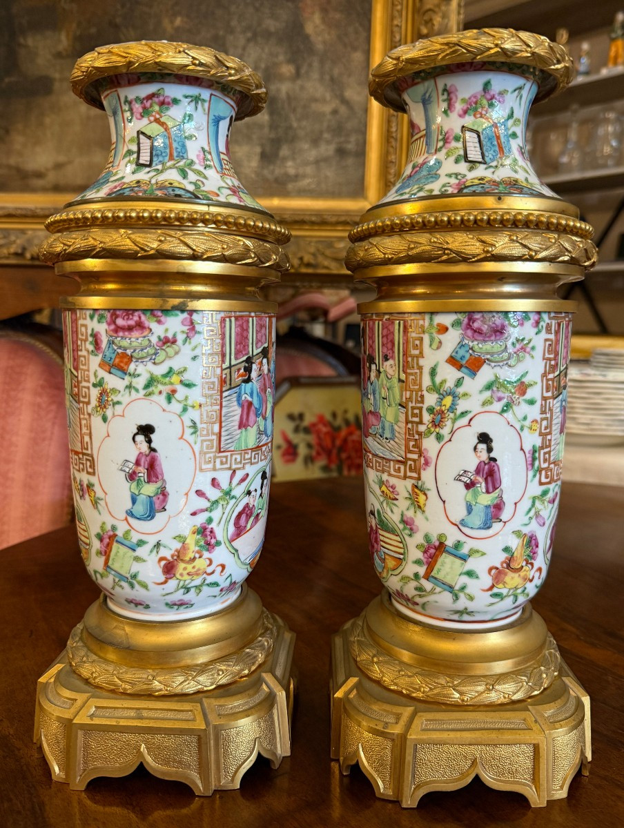 Chine paire de vases en porcelaine de Canton montés bronze doré époque Napoléon III-photo-2