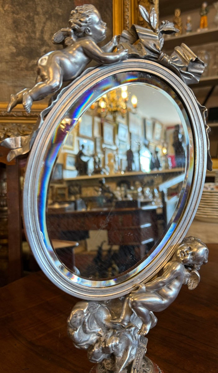 Silver-plated Bronze Psyche Mirror With Cupids By Louis Kley, Napoleon III Period-photo-2
