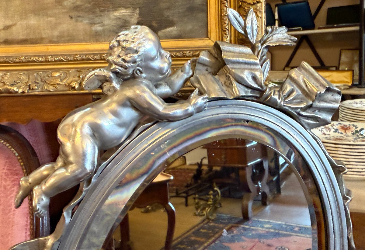 Silver-plated Bronze Psyche Mirror With Cupids By Louis Kley, Napoleon III Period-photo-1