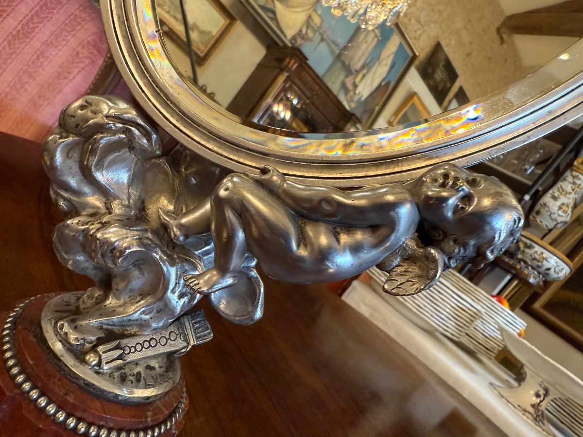Silver-plated Bronze Psyche Mirror With Cupids By Louis Kley, Napoleon III Period-photo-2