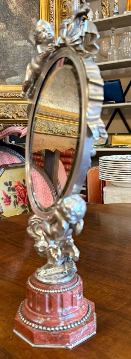 Silver-plated Bronze Psyche Mirror With Cupids By Louis Kley, Napoleon III Period-photo-7