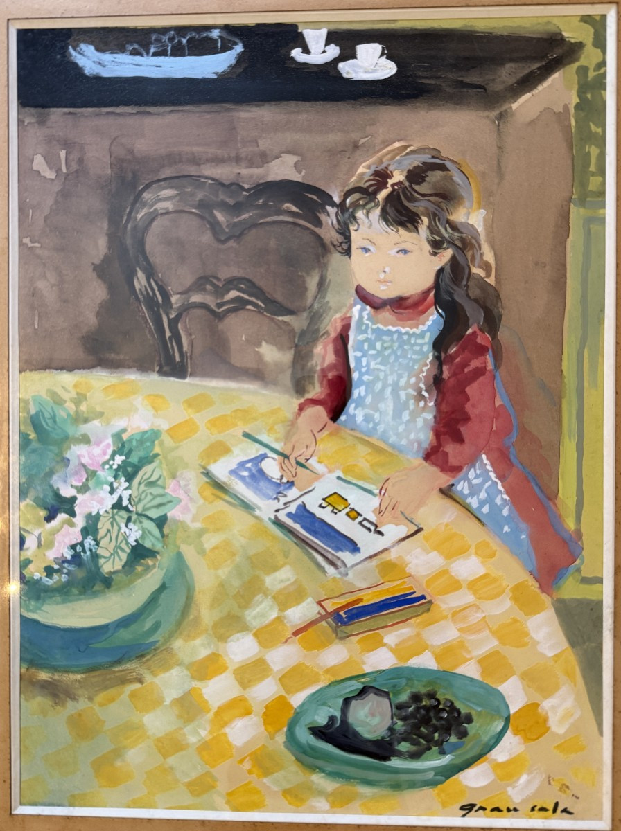 émilio Grau Sala Watercolor Gouache Young Girl In Blue Apron Drawing-photo-2