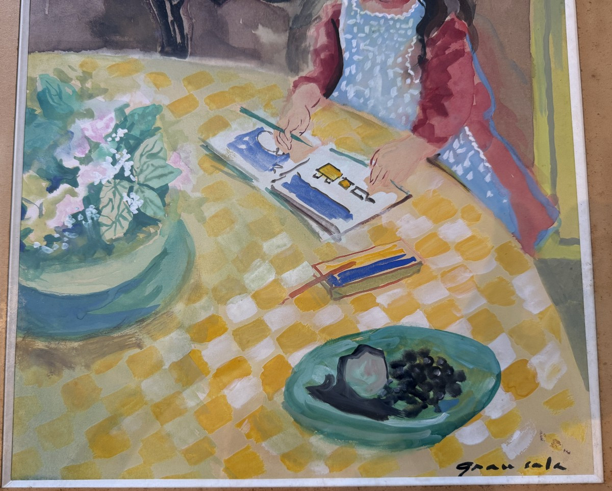 émilio Grau Sala Watercolor Gouache Young Girl In Blue Apron Drawing-photo-1