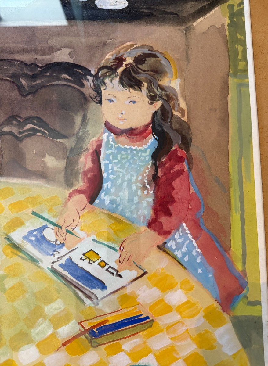 émilio Grau Sala Watercolor Gouache Young Girl In Blue Apron Drawing-photo-2