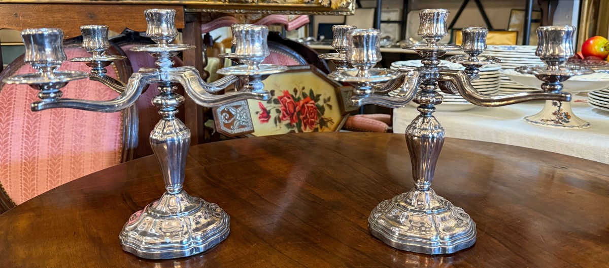 Pair Of Silver-plated Bronze Candelabras With Four Branches And Five Lights, Orfèvrerie Saint Médard-photo-2