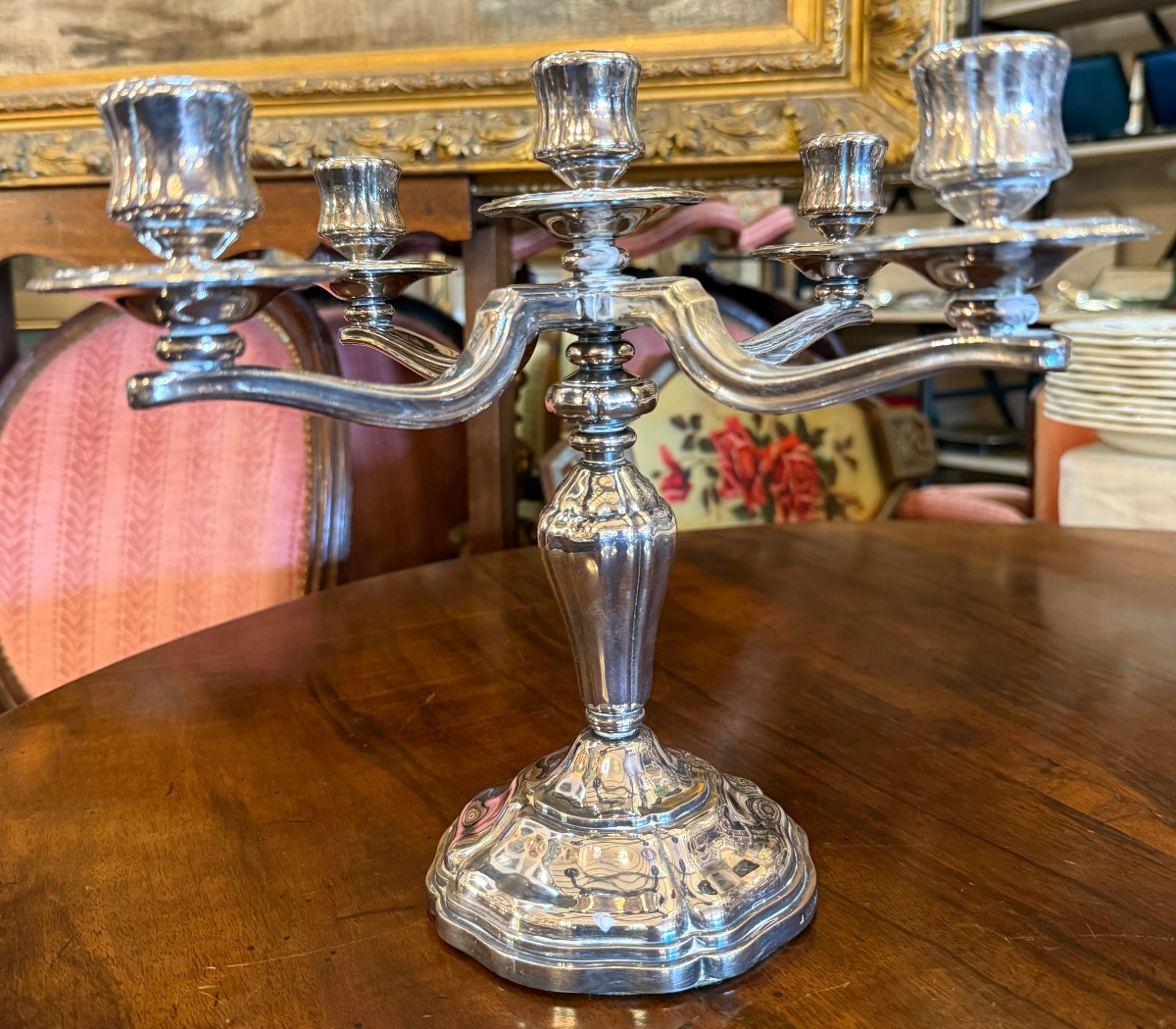 Pair Of Silver-plated Bronze Candelabras With Four Branches And Five Lights, Orfèvrerie Saint Médard-photo-3