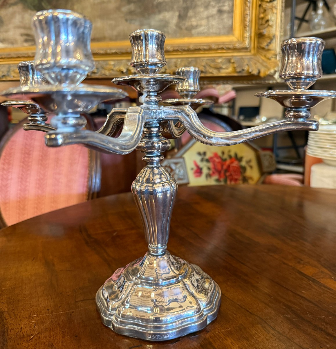 Pair Of Silver-plated Bronze Candelabras With Four Branches And Five Lights, Orfèvrerie Saint Médard-photo-4