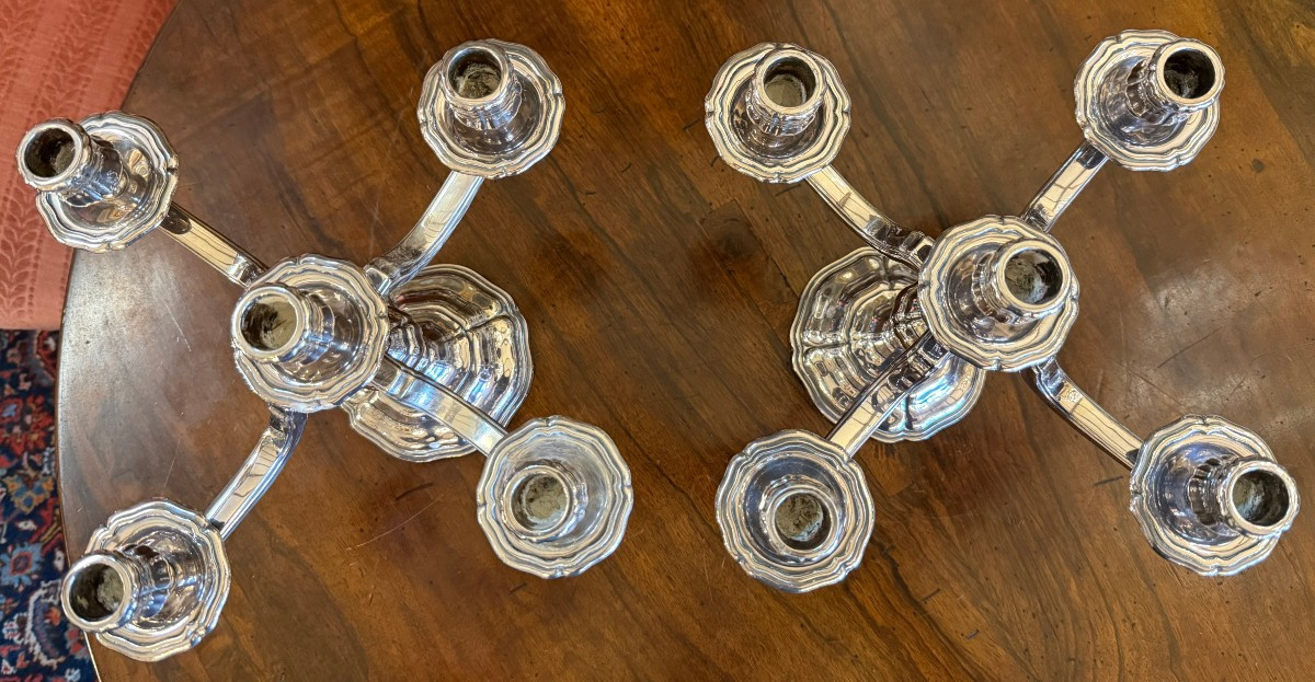 Pair Of Silver-plated Bronze Candelabras With Four Branches And Five Lights, Orfèvrerie Saint Médard-photo-6
